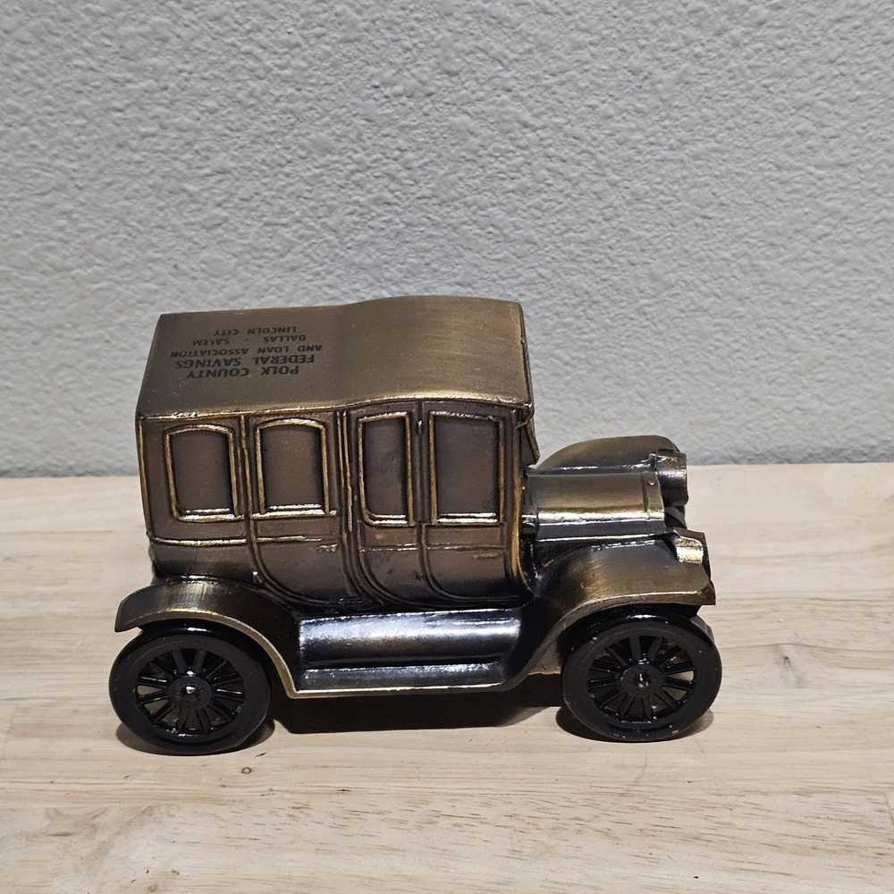 VINTAGE AUTO COIN BANK PIGGY BANK BANTHRICO  "1912 PACKARD" BRONZE CAR